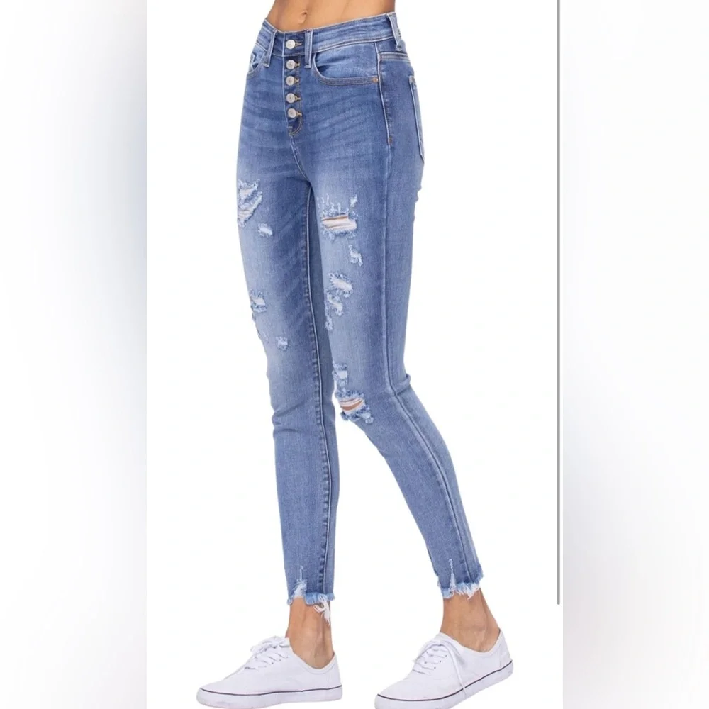 Judy Blue Women's Hi-Rise Skinny Destroyed Button-Fly Jeans Size 29‎
